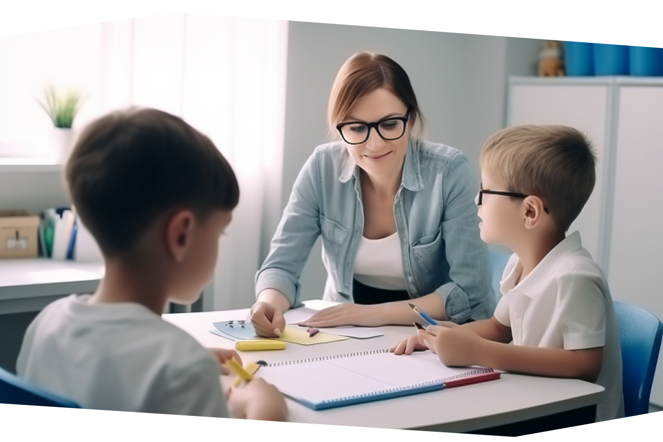 Schulbegleiterin sitzt neben Kind im Klassenraum und hilft ihm